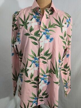Bar III Pink Floral Button-Up with Green Leaf Print
